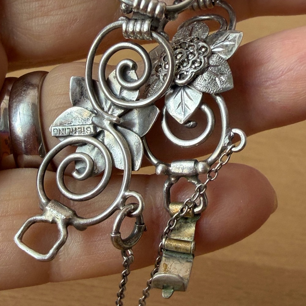 VINTAGE STERLING SILVER ORNATE FLORAL FLOWER MARCASITE BRACELET UNIQUE UNUSUAL - Picture 7 of 16